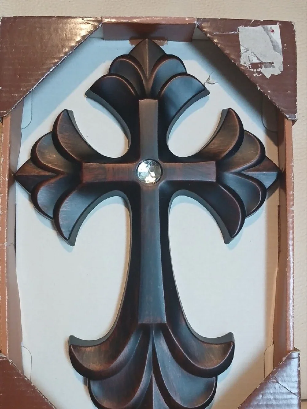 Decorative Dark Brown Woodtone Resin Cross Wall Accent with Center Jewel